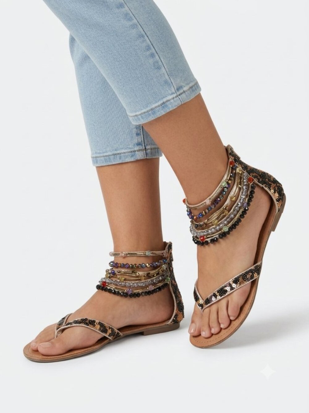 ZIGI Girl Femme Crystal Gladiator Sandals Size 10 Champagne Beaded Flat Sandals